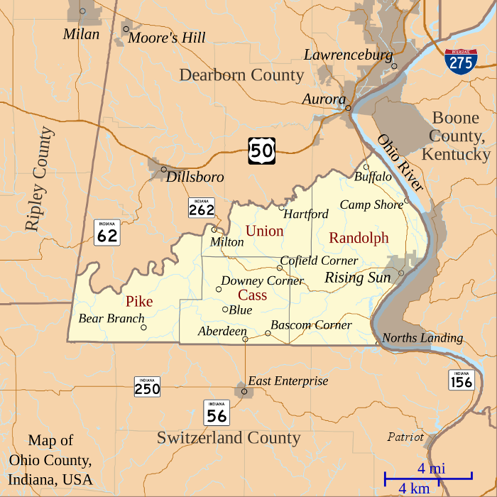 Modern map of Ohio County showing locations discussed on this page.